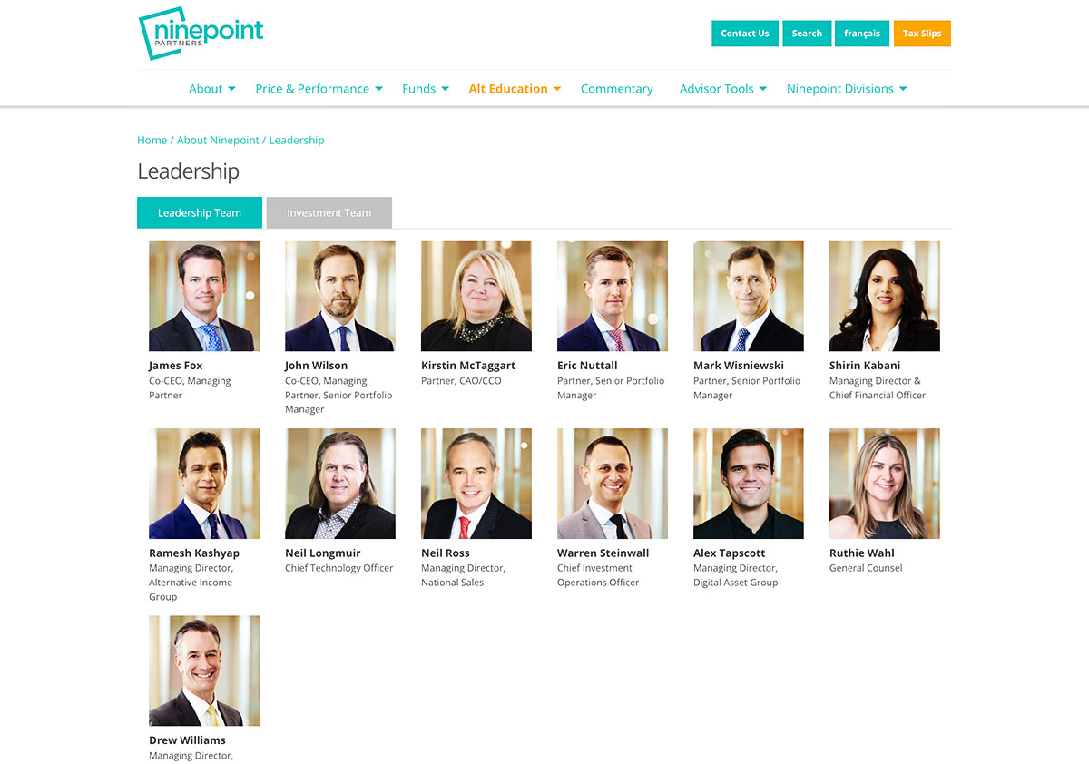 Layout of corporate headshot photography for Toronto investment and business company